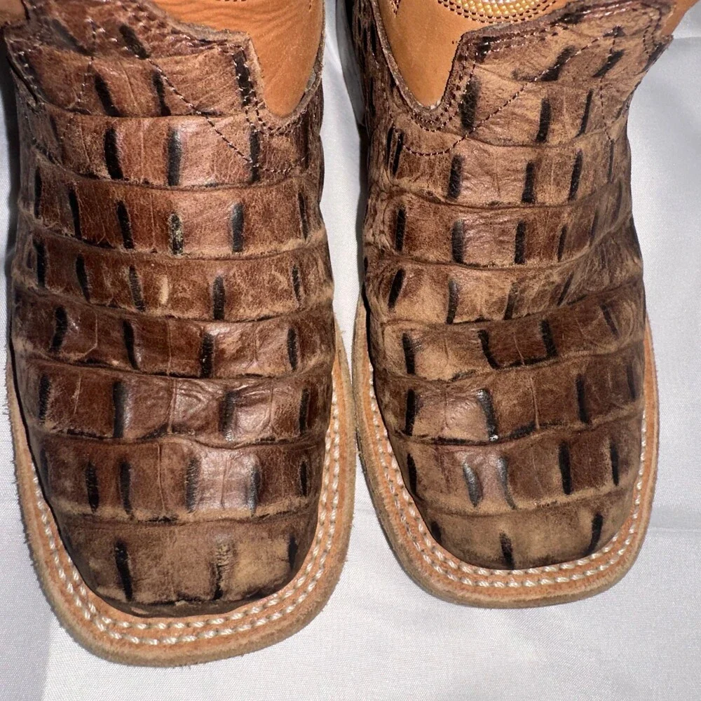 Old West Kids 12.5 D Cowboy Boots Brown Croc Embossed Leather Square Toe